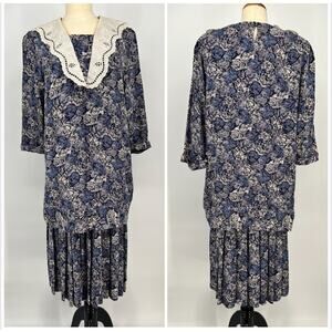 Vtg 80s Karin Stevens Petites Steven Stoller Dress 14 Lace Collar Blue White USA